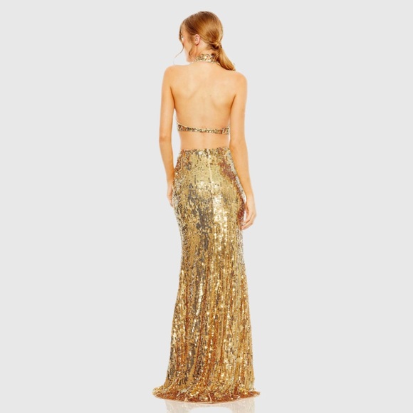 NWT $798 MAC DUGGAL Gold Open Back High Neck Sequin Gown DRESS MAXI LONG 93976 - Picture 4 of 7